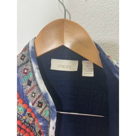 Chico's Blue Tie Dye Quilted Open Jacket Embroidered Chicos Size M Pompom Boho - Picture 2 of 6
